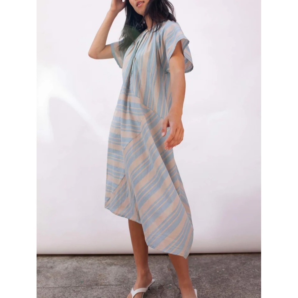 Seek Collective Midi Dress Size S Striped Asymmetric Hem Gauze Airy Minimalist